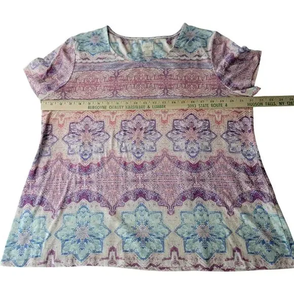 Chicos Womens Top Blouse Medallion Large Blue White Pink Pastel Artsy Art Spring - Picture 4 of 11